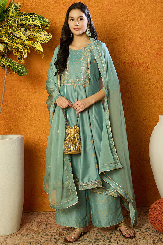 Sea Green Silk Blend Solid Embroidered Anarkali Suit Set PKSKD2036