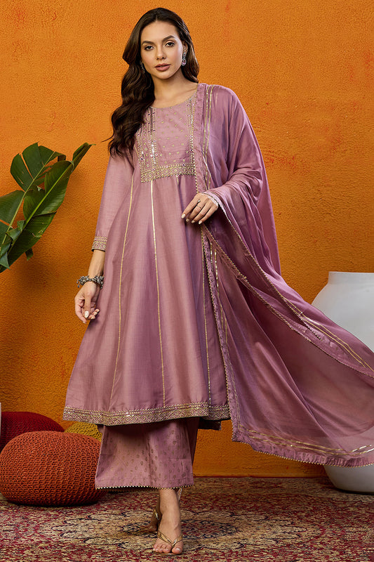 Pink Silk Blend Solid Yoke Design Zari Anarkali Style Suit Set PKSKD2039