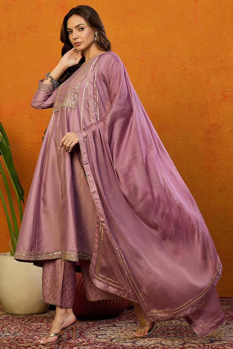 Pink Silk Blend Solid Yoke Design Zari Anarkali Style Suit Set PKSKD2039