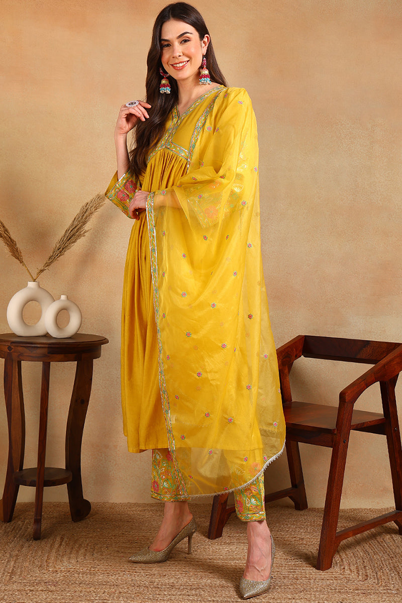 Yellow Silk Blend Embroidered Anarkali Suit Set PKSKD2046