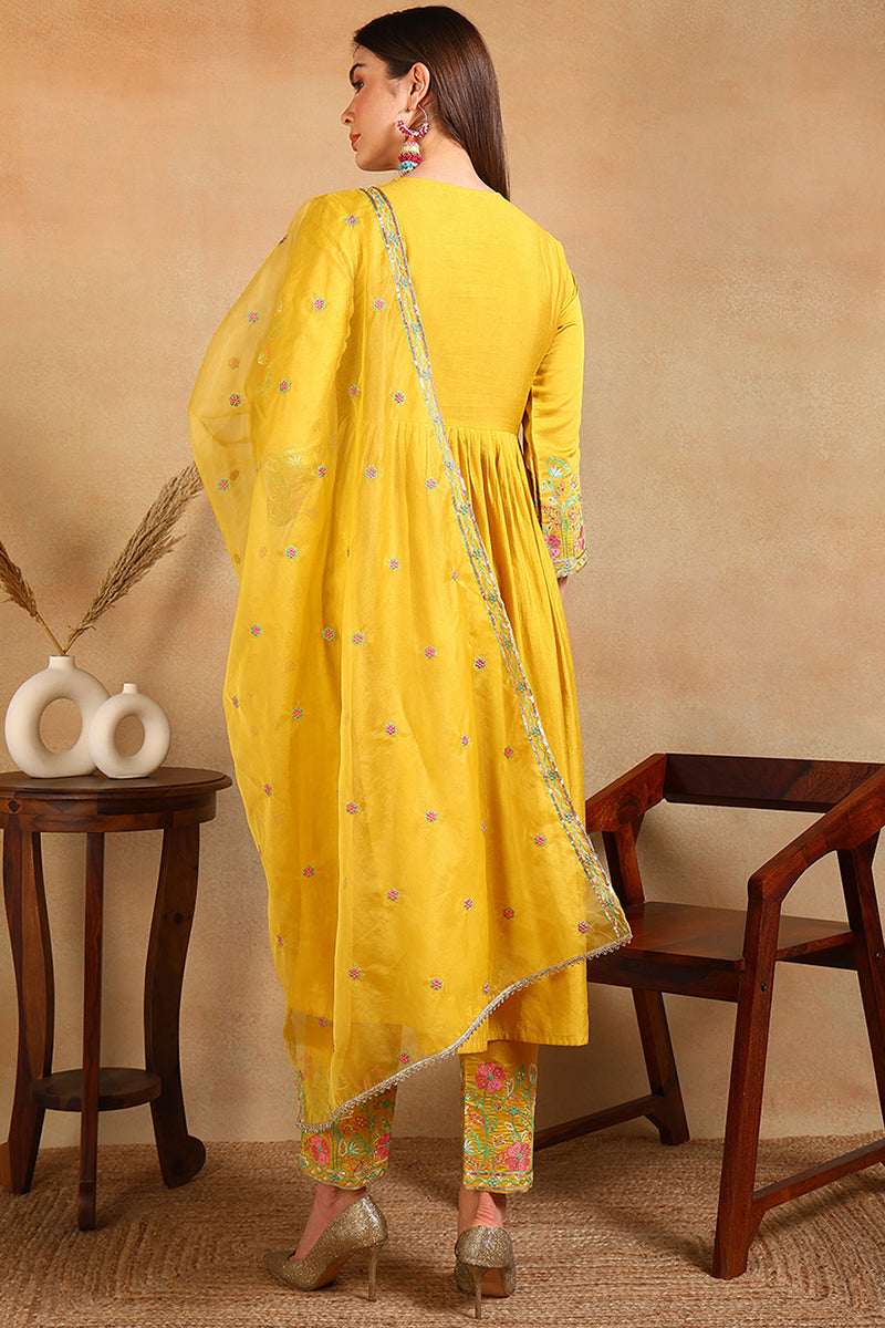 Plus Size Yellow Silk Blend Solid Anarkali Style Suit Set PKSKD2046