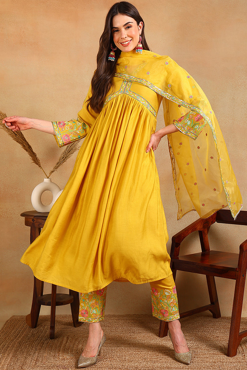 Yellow Silk Blend Embroidered Anarkali Suit Set PKSKD2046