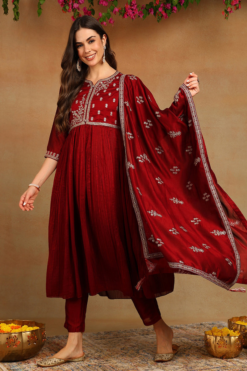 Maroon Silk Blend Embroidered Anarkali Style Suit Set PKSKD2055