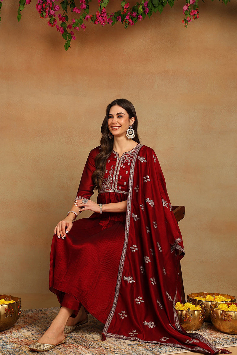 Maroon Silk Blend Embroidered Anarkali Style Suit Set PKSKD2055