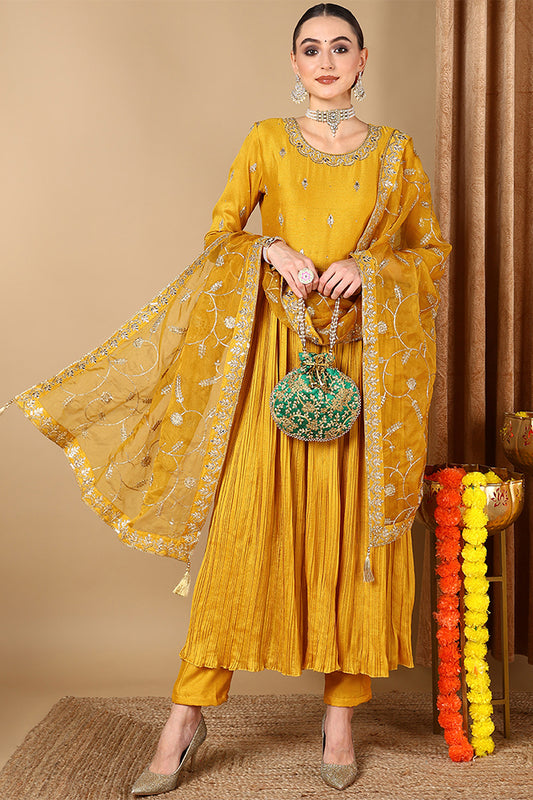 Yellow Silk Blend Embroidered Anarkali Style Suit Set PKSKD2058
