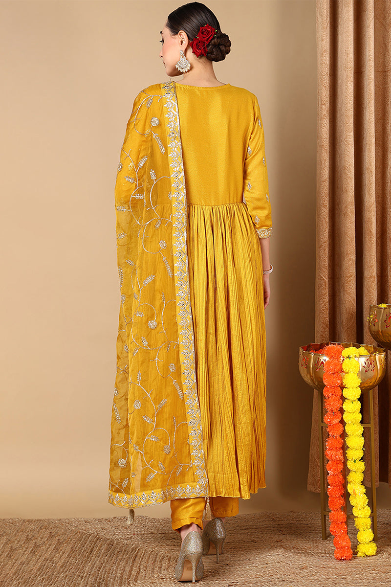 Yellow Silk Blend Embroidered Anarkali Style Suit Set PKSKD2058