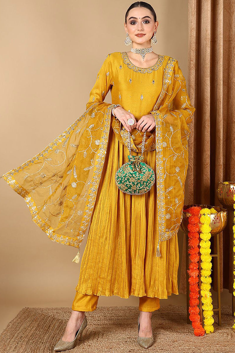 Yellow Silk Blend Embroidered Anarkali Style Suit Set PKSKD2058