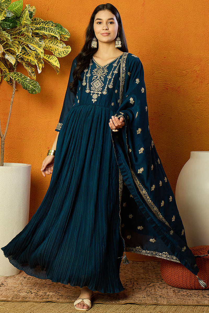 Indigo Blue Silk Blend Solid Embroidered Anarkali Style Suit Set PKSKD2060