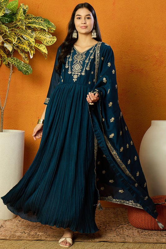 Plus Size Indigo Blue Silk Blend Solid Embroidered Anarkali Style Suit Set PKSKD2060