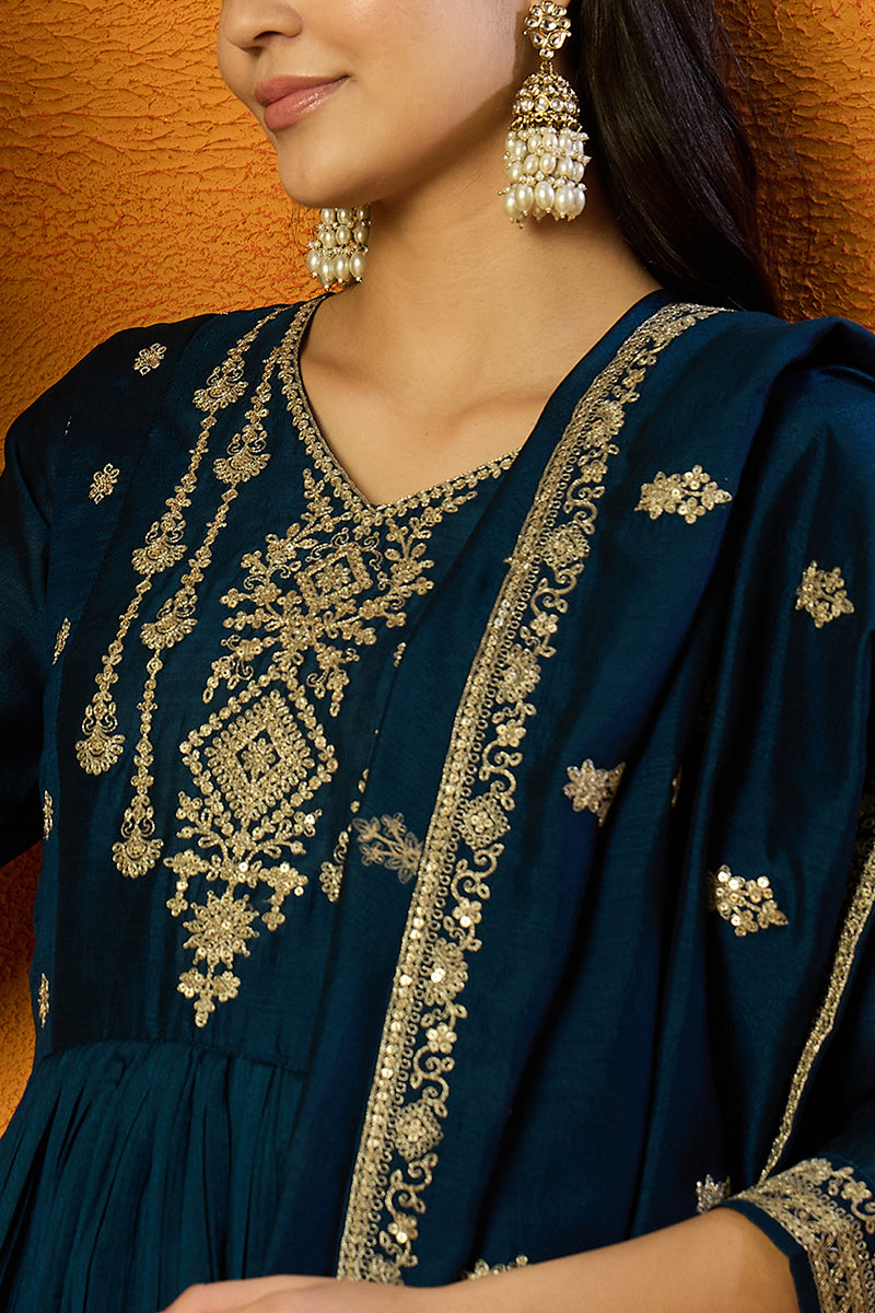 Indigo Blue Silk Blend Solid Embroidered Anarkali Style Suit Set PKSKD2060