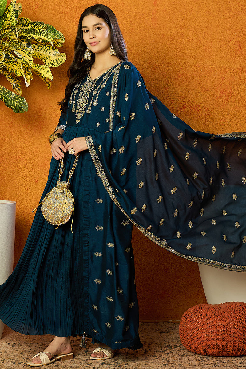 Indigo Blue Silk Blend Solid Embroidered Anarkali Style Suit Set PKSKD2060