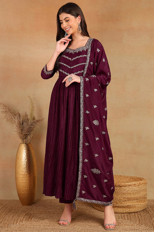 Purple Silk Blend Solid Embroidered Anarkali Suit Set PKSKD2064