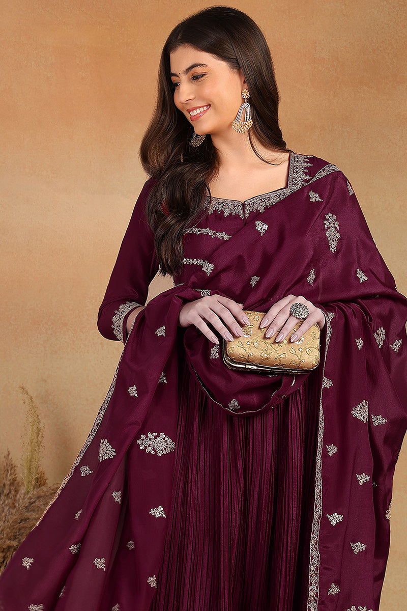 Purple Silk Blend Solid Embroidered Anarkali Suit Set PKSKD2064