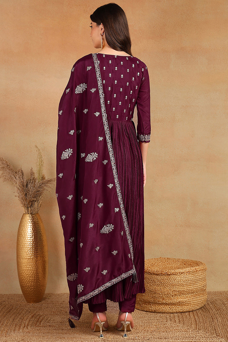 Purple Silk Blend Solid Embroidered Anarkali Suit Set PKSKD2064