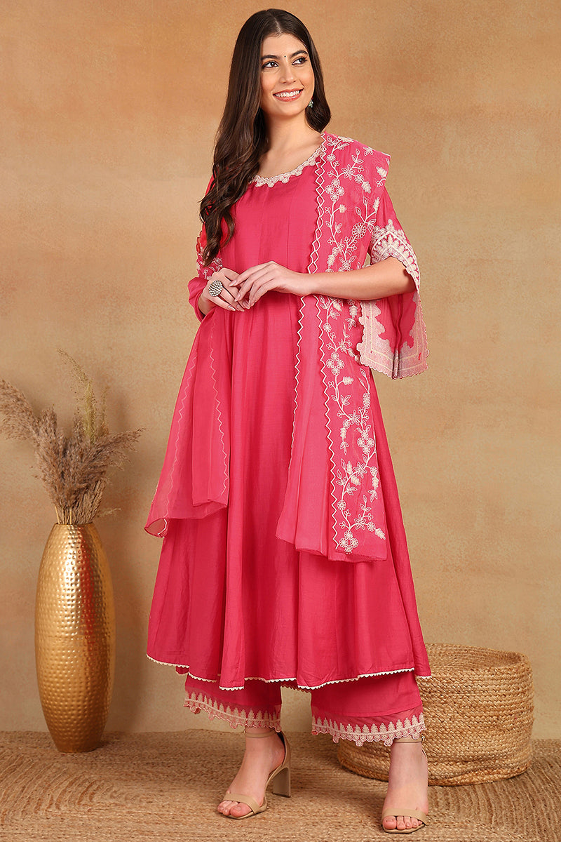 Pink Silk Blend Solid Embroidered Flared Suit Set PKSKD2071