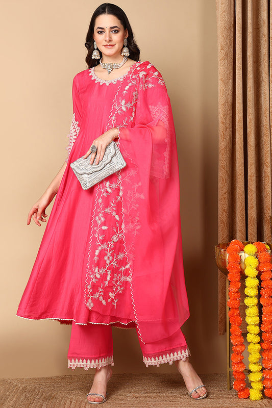 Pink Silk Blend Solid Embroidered Flared Suit Set PKSKD2071