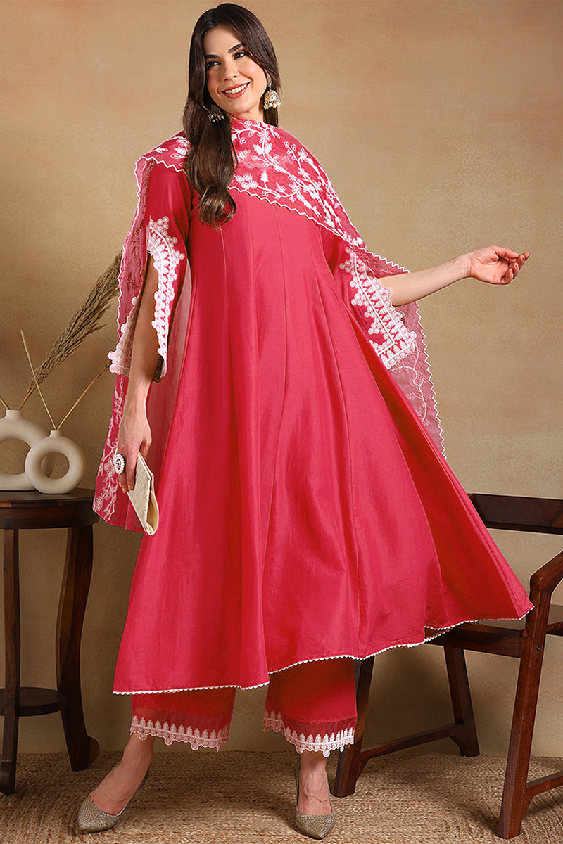 Pink Silk Blend Solid Embroidered Flared Suit Set PKSKD2071