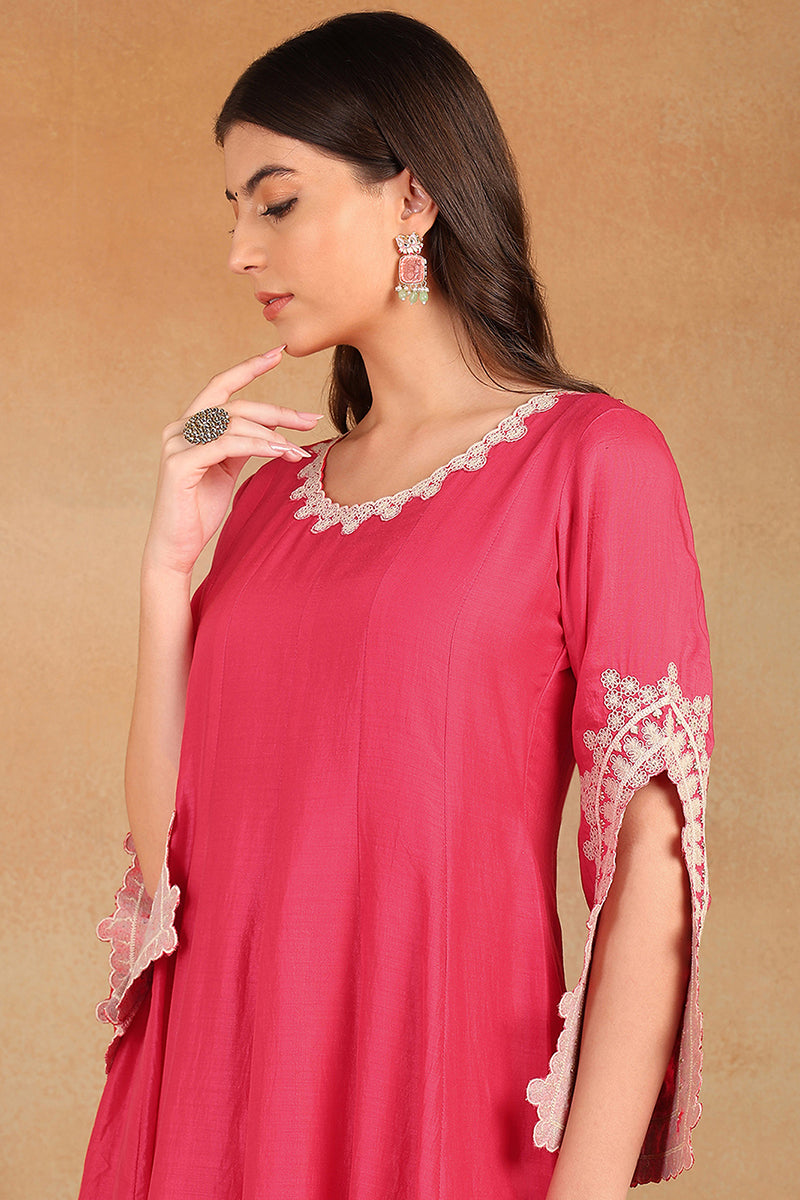 Pink Silk Blend Solid Embroidered Flared Suit Set PKSKD2071