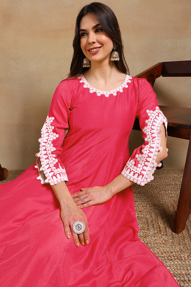 Pink Silk Blend Solid Embroidered Flared Suit Set PKSKD2071