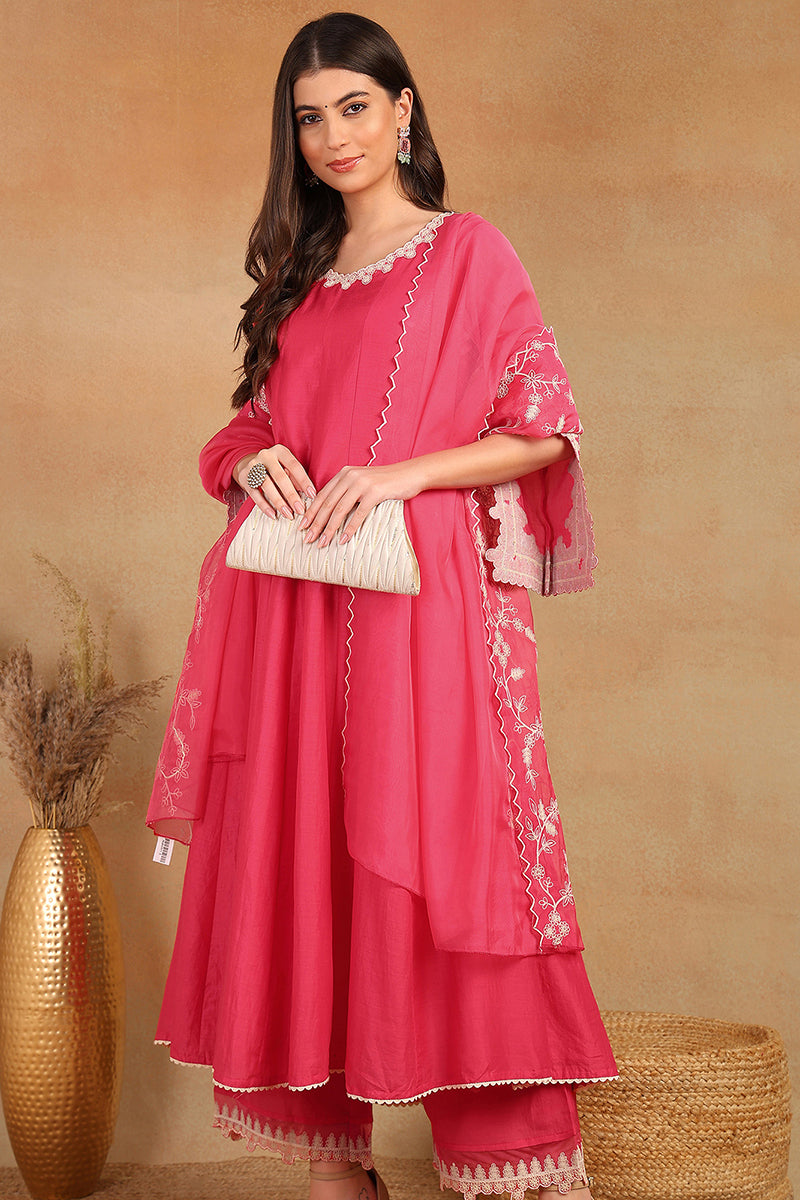 Pink Silk Blend Solid Embroidered Flared Suit Set PKSKD2071