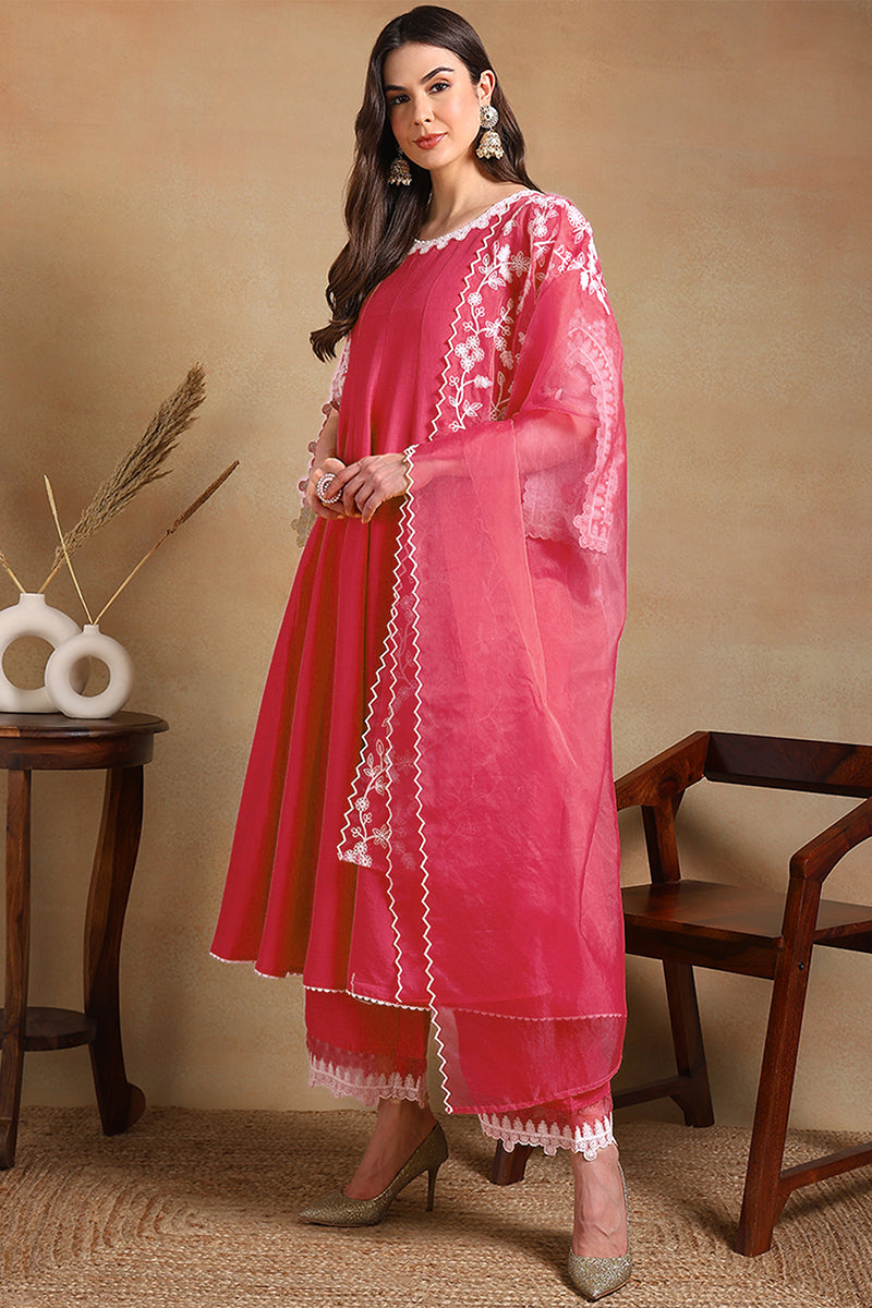 Pink Silk Blend Solid Embroidered Flared Suit Set PKSKD2071