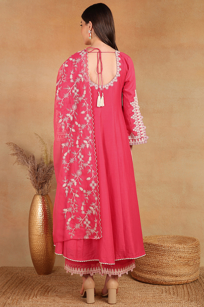 Pink Silk Blend Solid Embroidered Flared Suit Set PKSKD2071