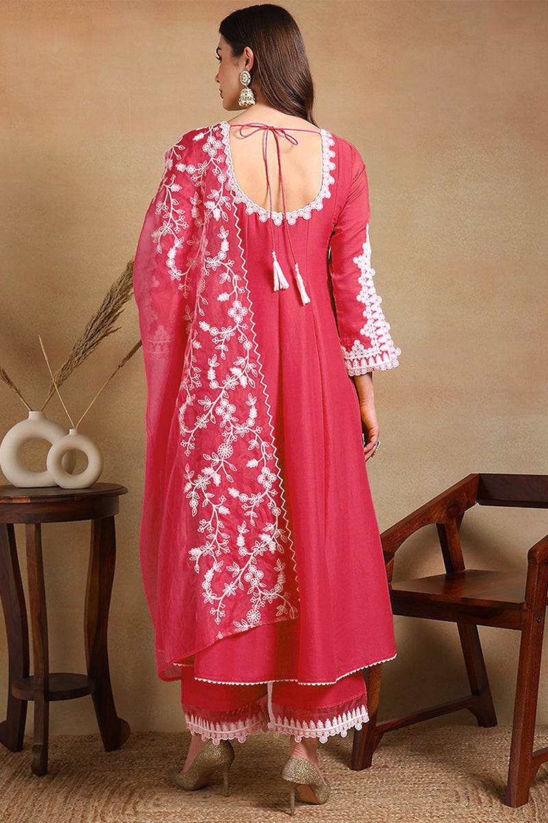 Pink Silk Blend Solid Embroidered Flared Suit Set PKSKD2071