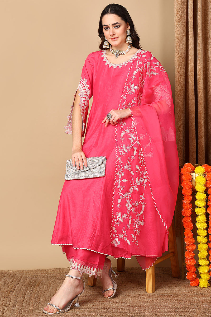 Pink Silk Blend Solid Embroidered Flared Suit Set PKSKD2071