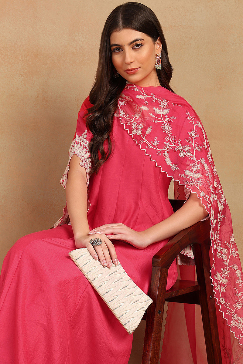 Pink Silk Blend Solid Embroidered Flared Suit Set PKSKD2071