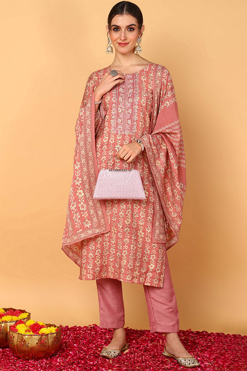 Pink Silk Blend Floral Printed Straight Style Suit Set PKSKD2073