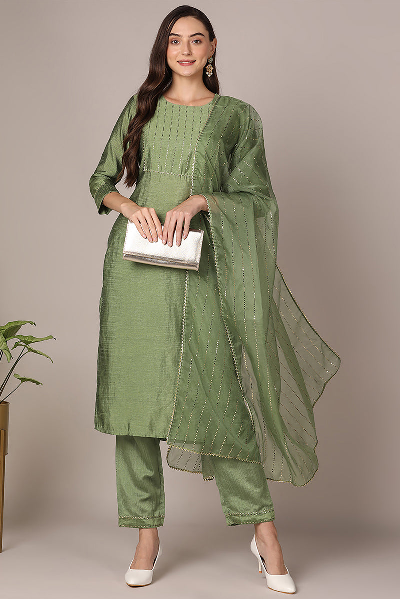 Green Poly Chanderi Solid Yoke Design Straight Suit Set PKSKD2074