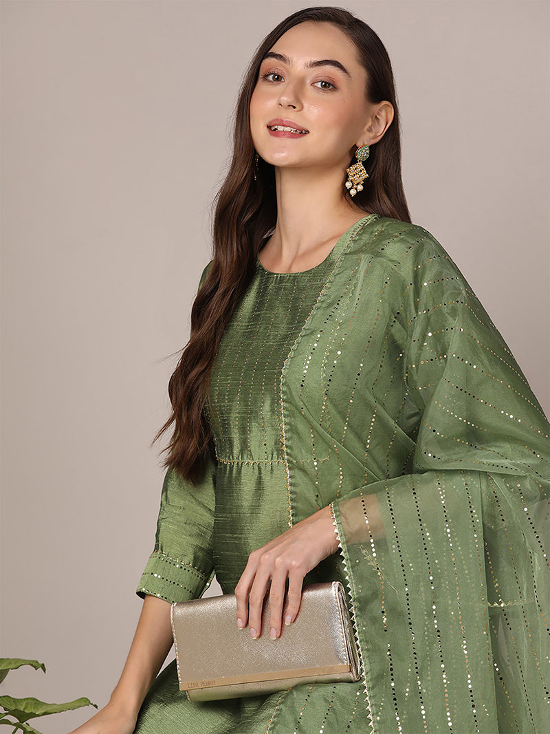 Green Poly Chanderi Solid Yoke Design Straight Suit Set PKSKD2074