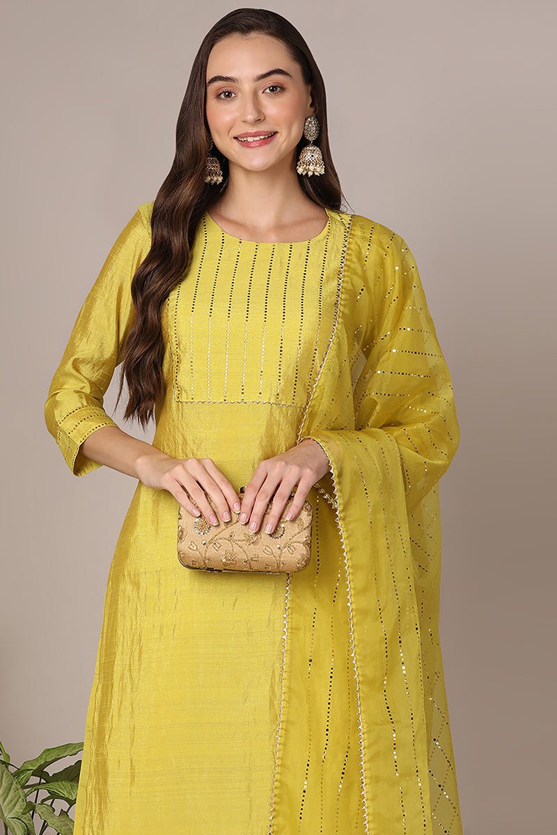 Yellow Poly Chanderi Solid Yoke Design Straight Suit Set PKSKD2076