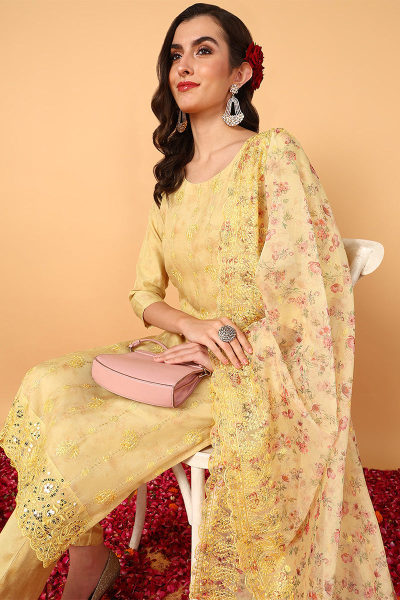 Yellow Organza Floral Embroidered Straight Suit Set PKSKD2086