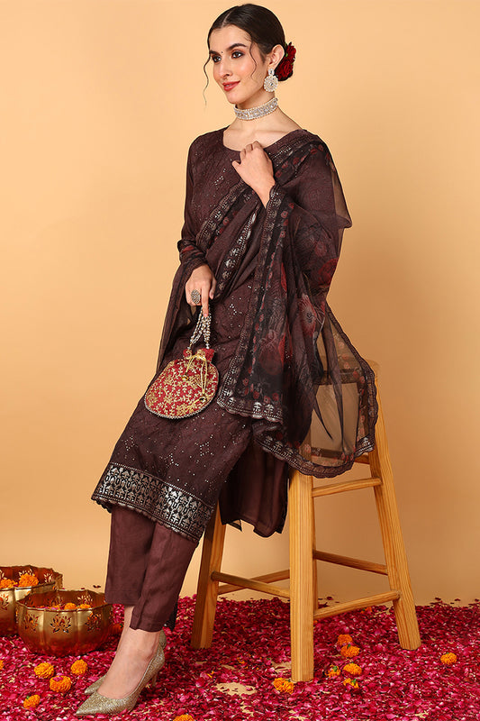 Brown Organza Ethnic Motifs Embroidered Straight Suit Set PKSKD2089