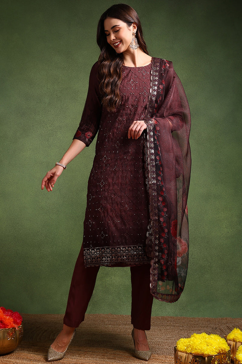 Brown Organza Ethnic Motifs Embroidered Straight Suit Set PKSKD2089