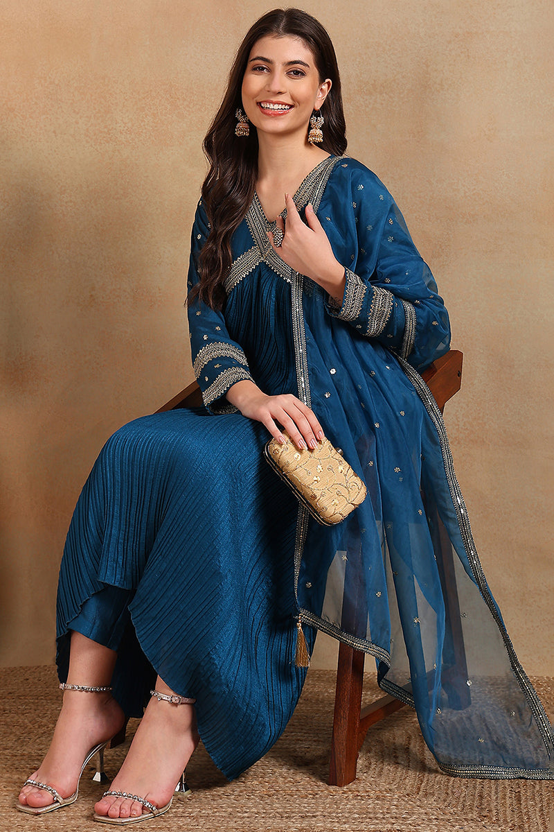 Plus Size Blue Silk Blend Solid Embroidered Flared Style Suit Set PKSKD2095