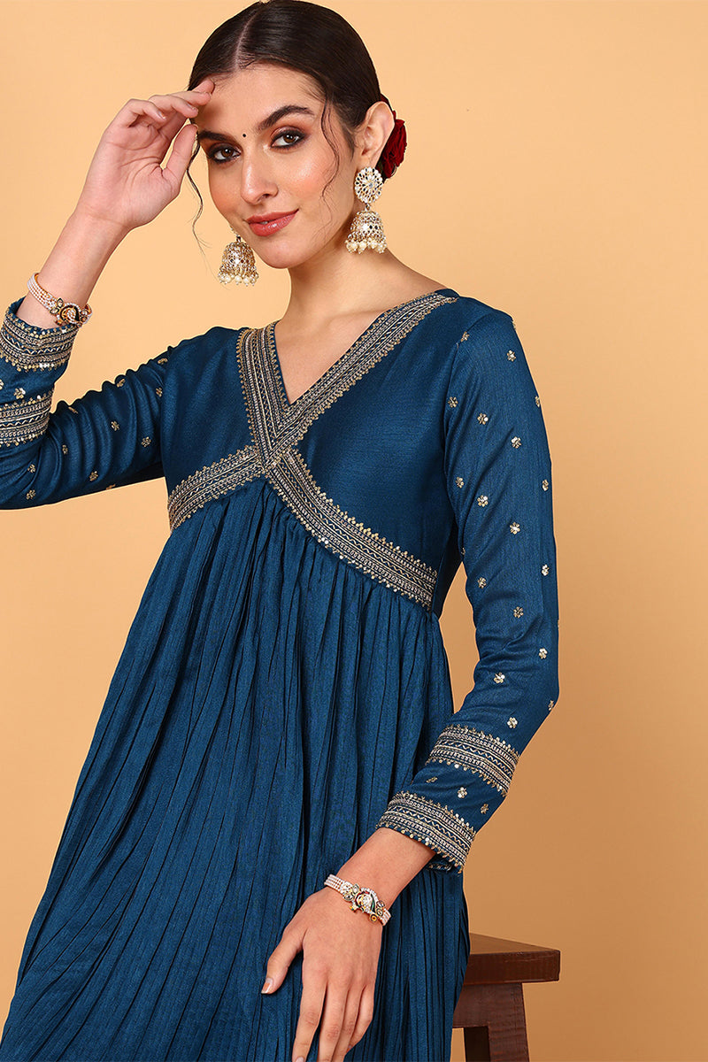 Plus Size Blue Silk Blend Solid Embroidered Flared Style Suit Set PKSKD2095