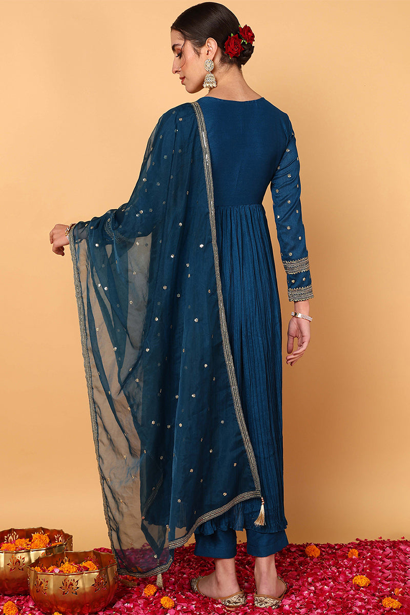 Plus Size Blue Silk Blend Solid Embroidered Flared Style Suit Set PKSKD2095