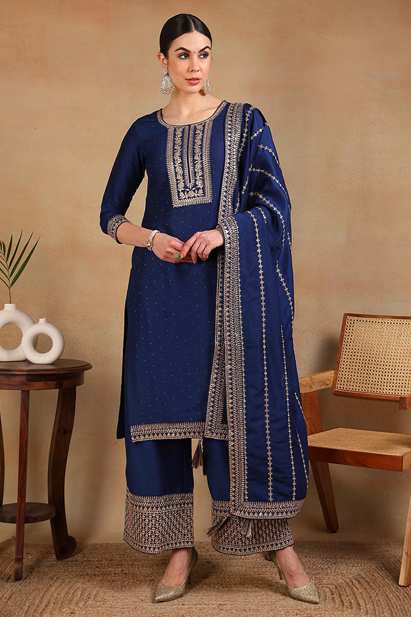 Blue Silk Blend Solid Yoke Design Straight Suit Set PKSKD2097