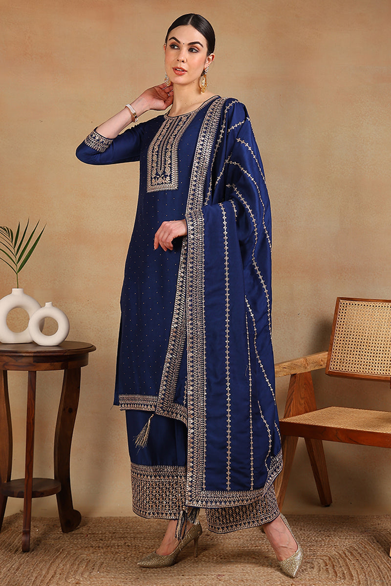 Blue Silk Blend Solid Yoke Design Straight Suit Set PKSKD2097