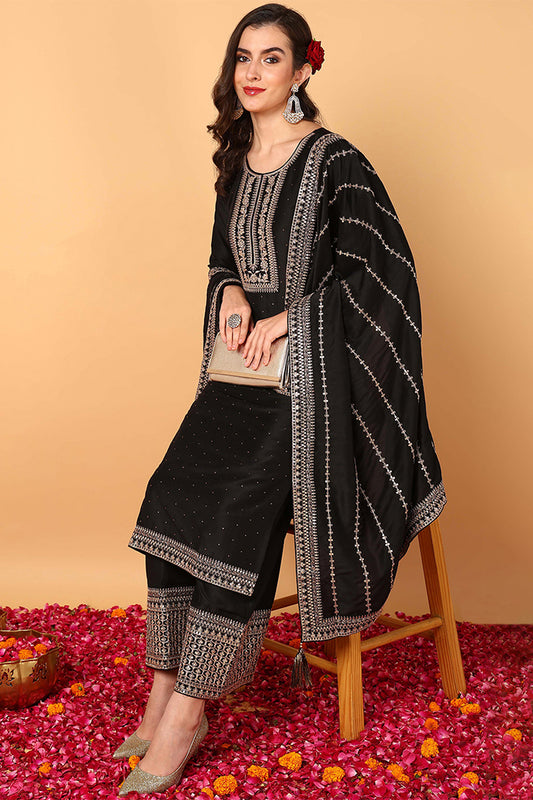 Black Silk Blend Solid Embroidered Straight Suit Set PKSKD2098