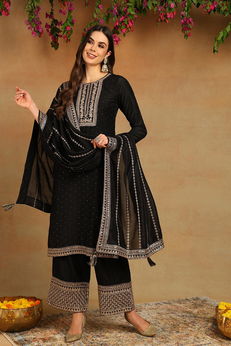 Black Silk Blend Solid Embroidered Straight Suit Set PKSKD2098