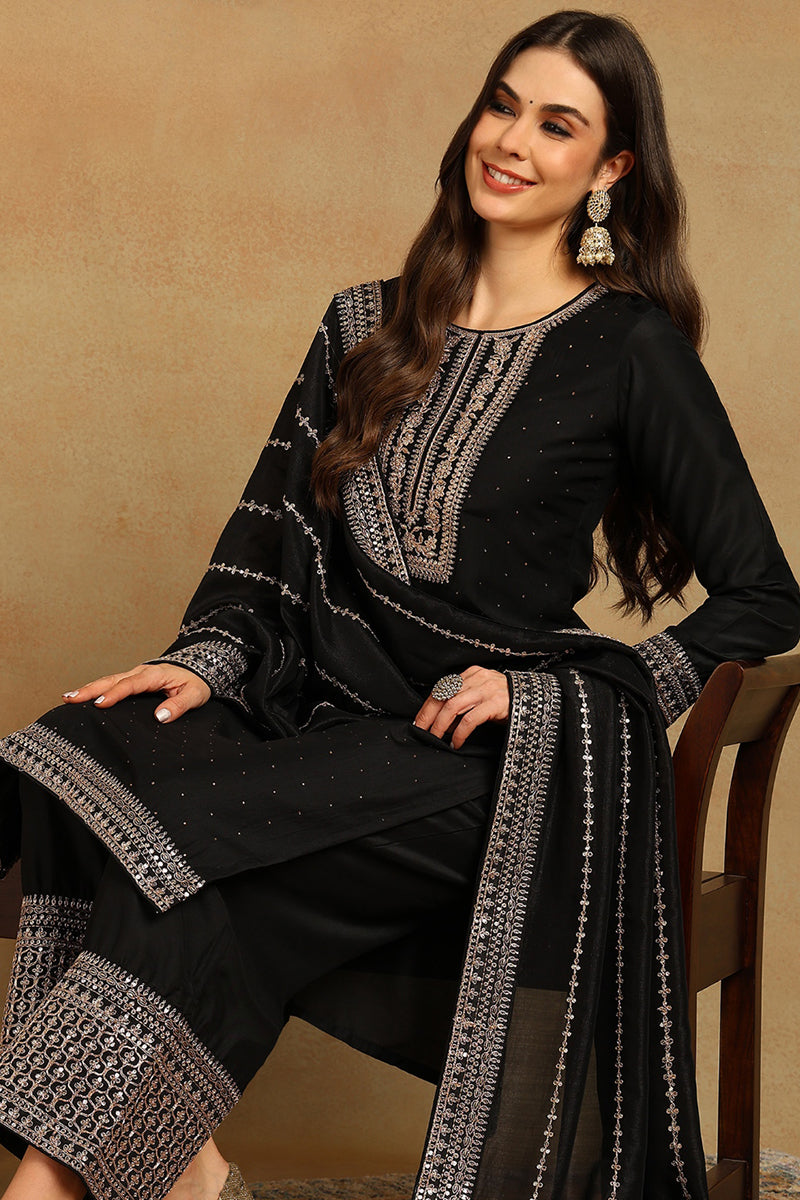 Black Silk Blend Solid Embroidered Straight Suit Set PKSKD2098