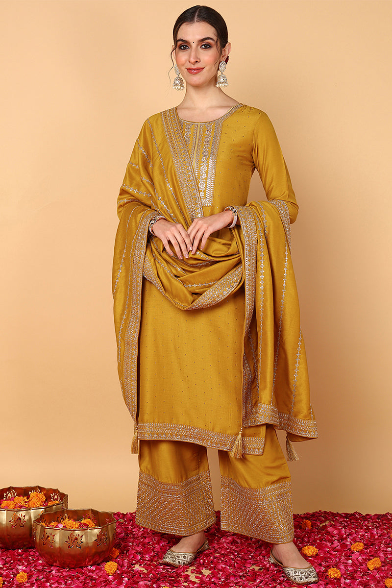 Plus Size Mustard Silk Blend Solid Embroidered Straight Suit Set PKSKD2099