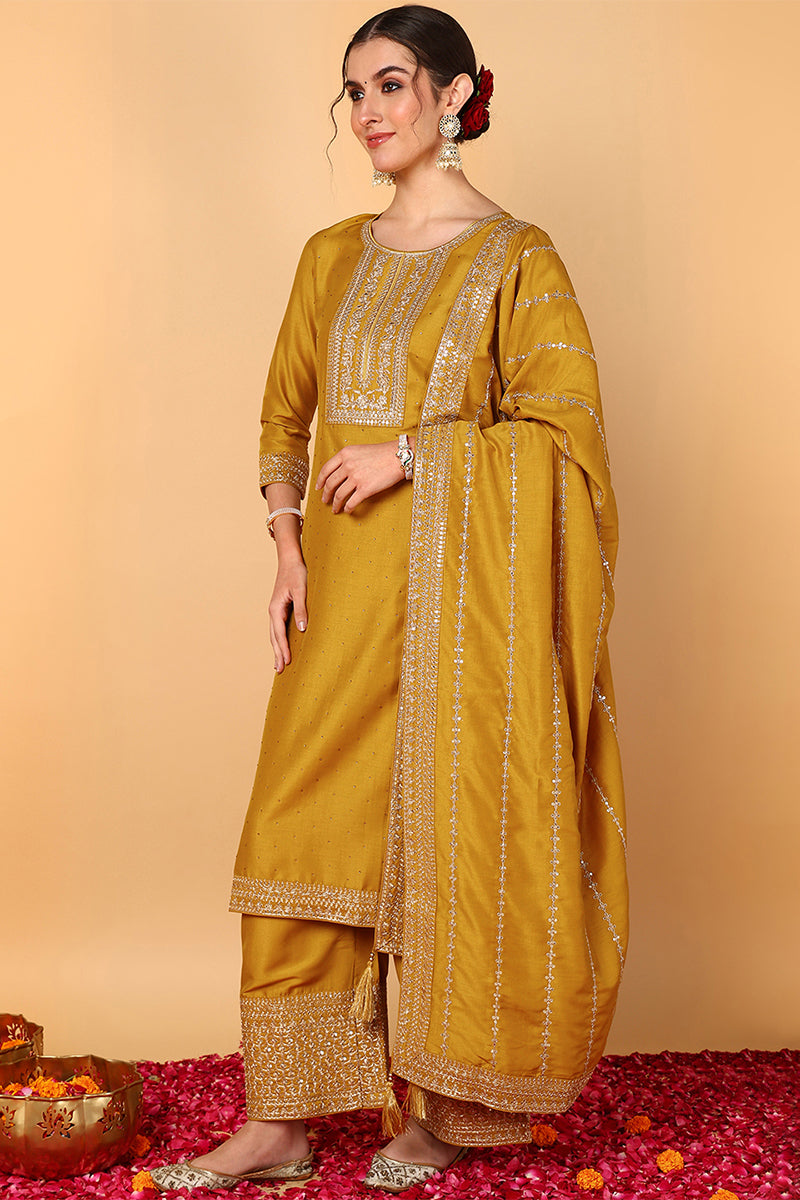 Plus Size Mustard Silk Blend Solid Embroidered Straight Suit Set PKSKD2099