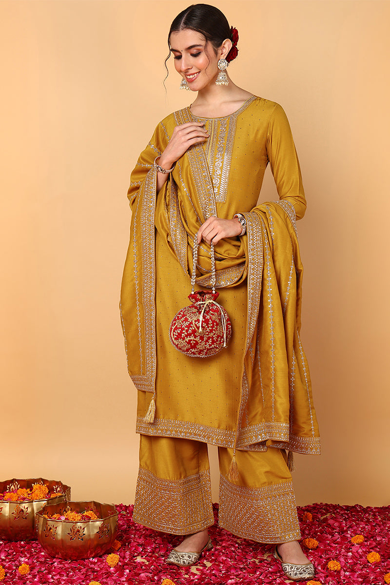 Plus Size Mustard Silk Blend Solid Embroidered Straight Suit Set PKSKD2099