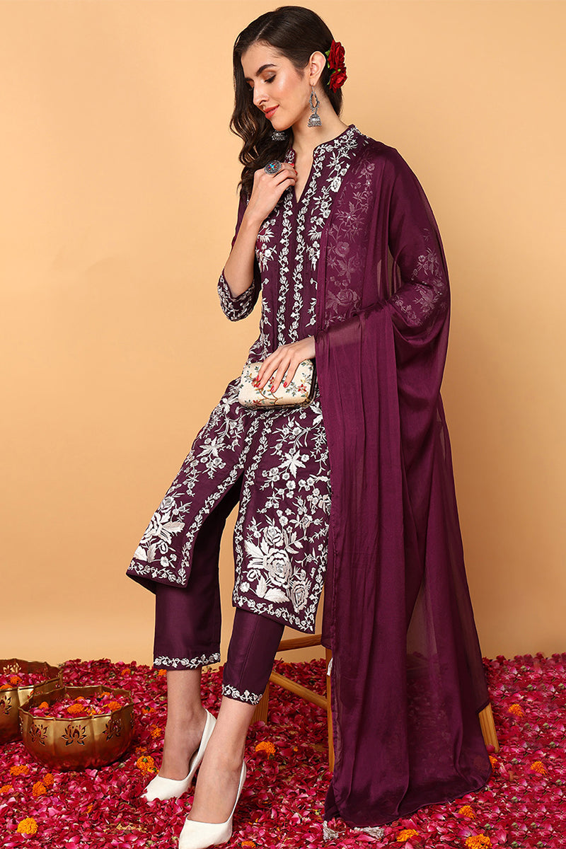 Purple Silk Blend Solid Embroidered Straight Suit Set PKSKD2107