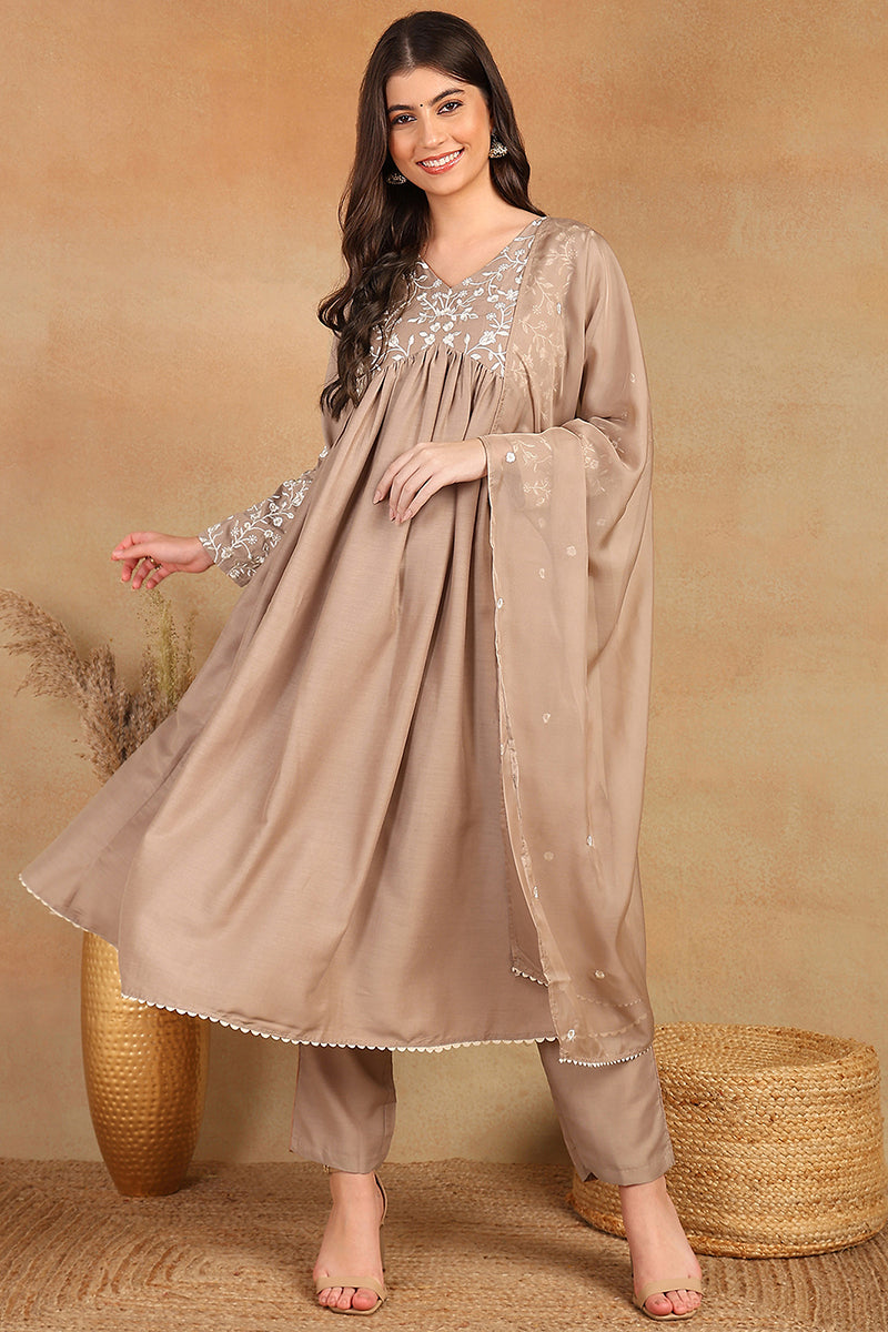 Nude Silk Blend Solid Embroidered Flared Suit Set PKSKD2108