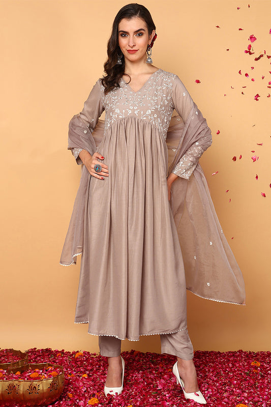 Plus Size Nude Silk Blend Solid Embroidered Flared Suit Set PKSKD2108